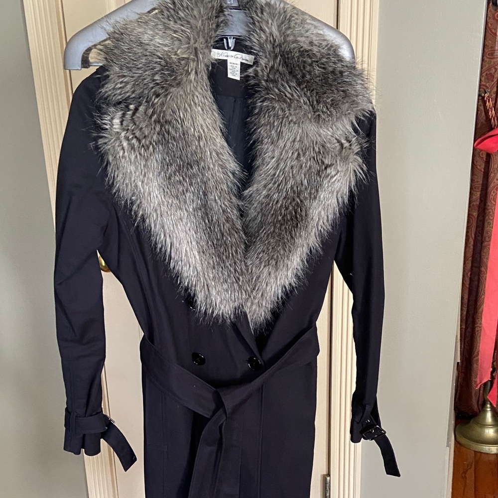Kenneth Cole Black Trench Coat with Faux Fur Collar Women Size M